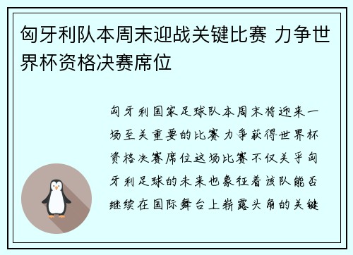 匈牙利队本周末迎战关键比赛 力争世界杯资格决赛席位