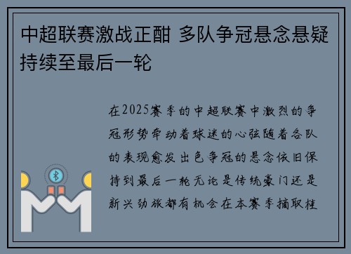 中超联赛激战正酣 多队争冠悬念悬疑持续至最后一轮